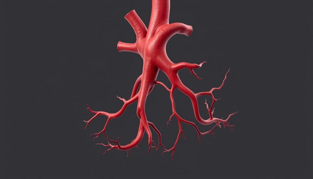 a detailed medical illustration of a healthy human aorta, showing the aortic root, ascending aorta, aortic arch, and descending aorta in vivid anatomical detail. The image should be rendered in a realistic, high-resolution style with accurate coloring and textures, capturing the intricate structure and function of this vital blood vessel. The lighting should be soft and directional, highlighting the three-dimensional form of the aorta. The camera angle should be from a slightly elevated perspective, allowing the viewer to clearly see the overall shape and branching points of the aorta. The background should be clean and neutral, placing the focus entirely on the aorta and its anatomical features. a detailed medical illustration of a healthy human aorta, showing the aortic root, ascending aorta, aortic arch, and descending aorta in vivid anatomical detail. The image should be rendered in a realistic, high-resolution style with accurate coloring and textures, capturing the intricate structure and function of this vital blood vessel. The lighting should be soft and directional, highlighting the three-dimensional form of the aorta. The camera angle should be from a slightly elevated perspective, allowing the viewer to clearly see the overall shape and branching points of the aorta. The background should be clean and neutral, placing the focus entirely on the aorta and its anatomical features.